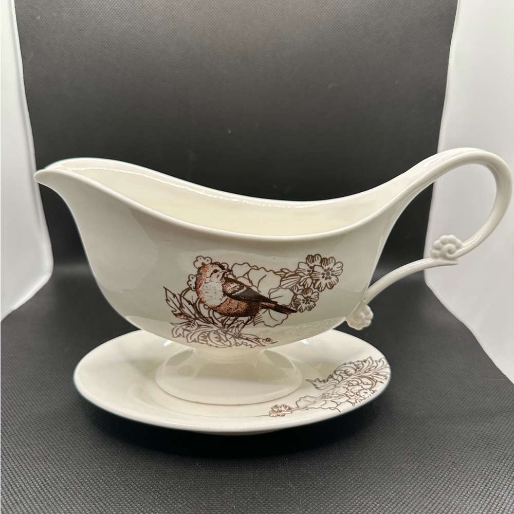 Anthropologie Bird and Floral Cream and Brown Gravy Boat with Saucer